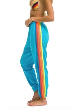 Aviator Nation Turquoise Track Pants with Rainbow Side Stripes